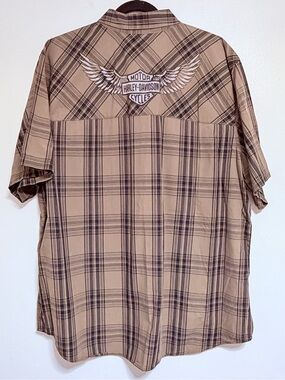 Harley-Davidson Men's Plaid Button Short Sleeve Shirt, Brown Size 3XL